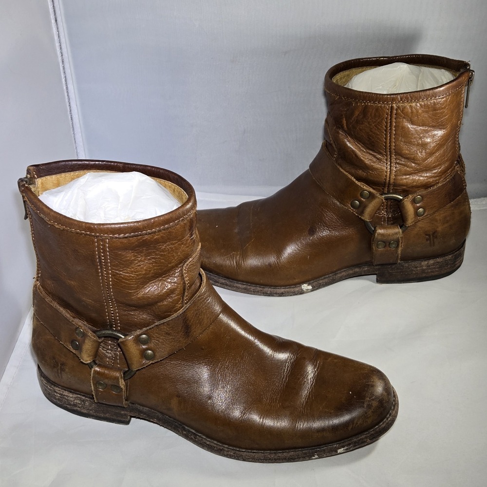 Frye Phillip Cognac Harness Leather Booties Size 9 M Womens Brown Shoes W/Box - Picture 3 of 12